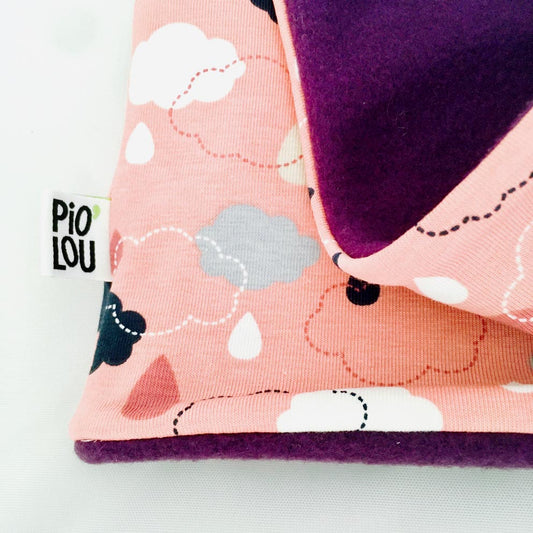 Tour de cou enfant réversible violet et rose motifs nuages