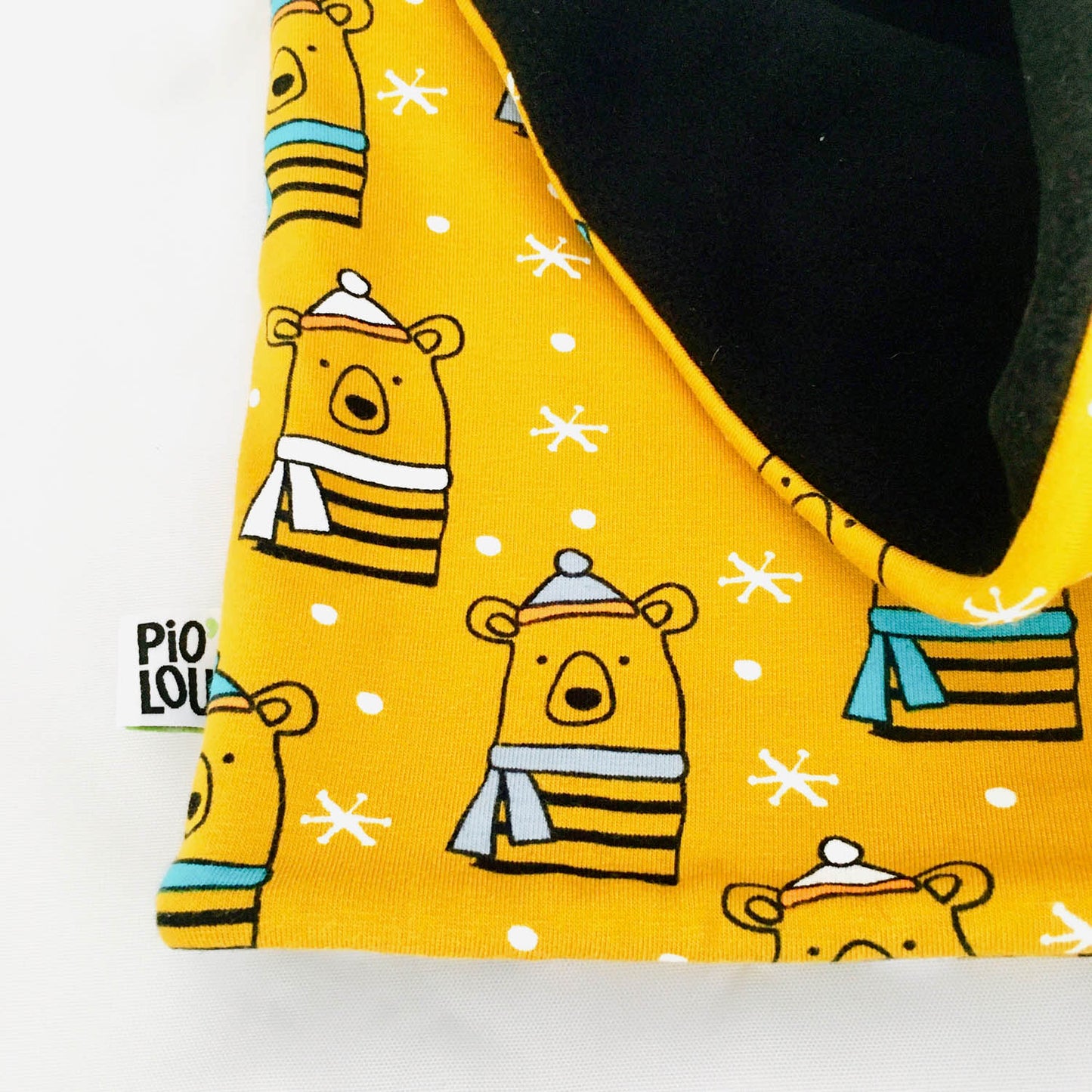 Tour de cou enfant réversible noir et jaune motifs ours