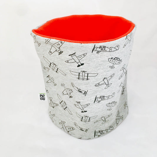 Tour de cou enfant réversible rouge et gris motifs avion