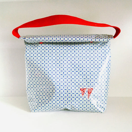 Lunch bag enduit blanc à motifs bleus