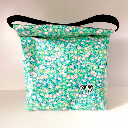 Lunch bag enduit vert à motifs fleuris
