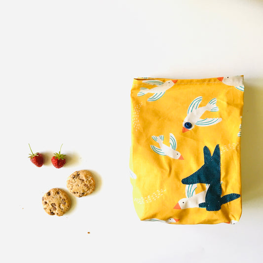 Lunch bag en tissu enduit jaune oiseaux