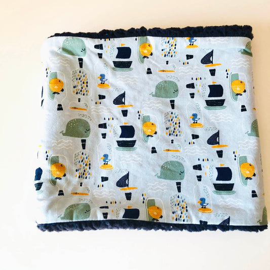 Tour de cou enfant réversible marine bleu baleines