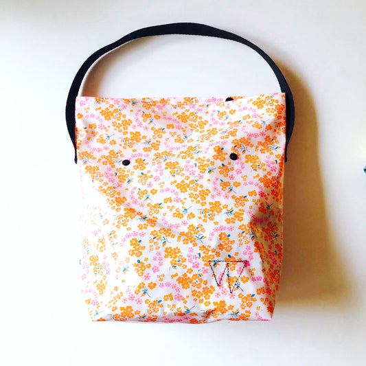 Lunch-bag GM enduit blanc fleuri orange