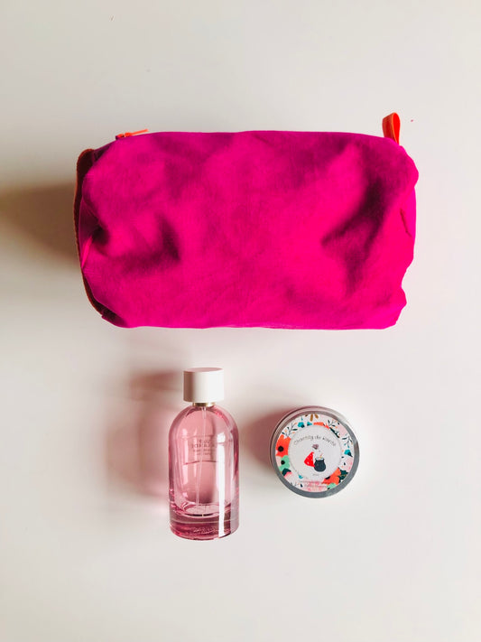 Trousse de toilette en velours rose et orange