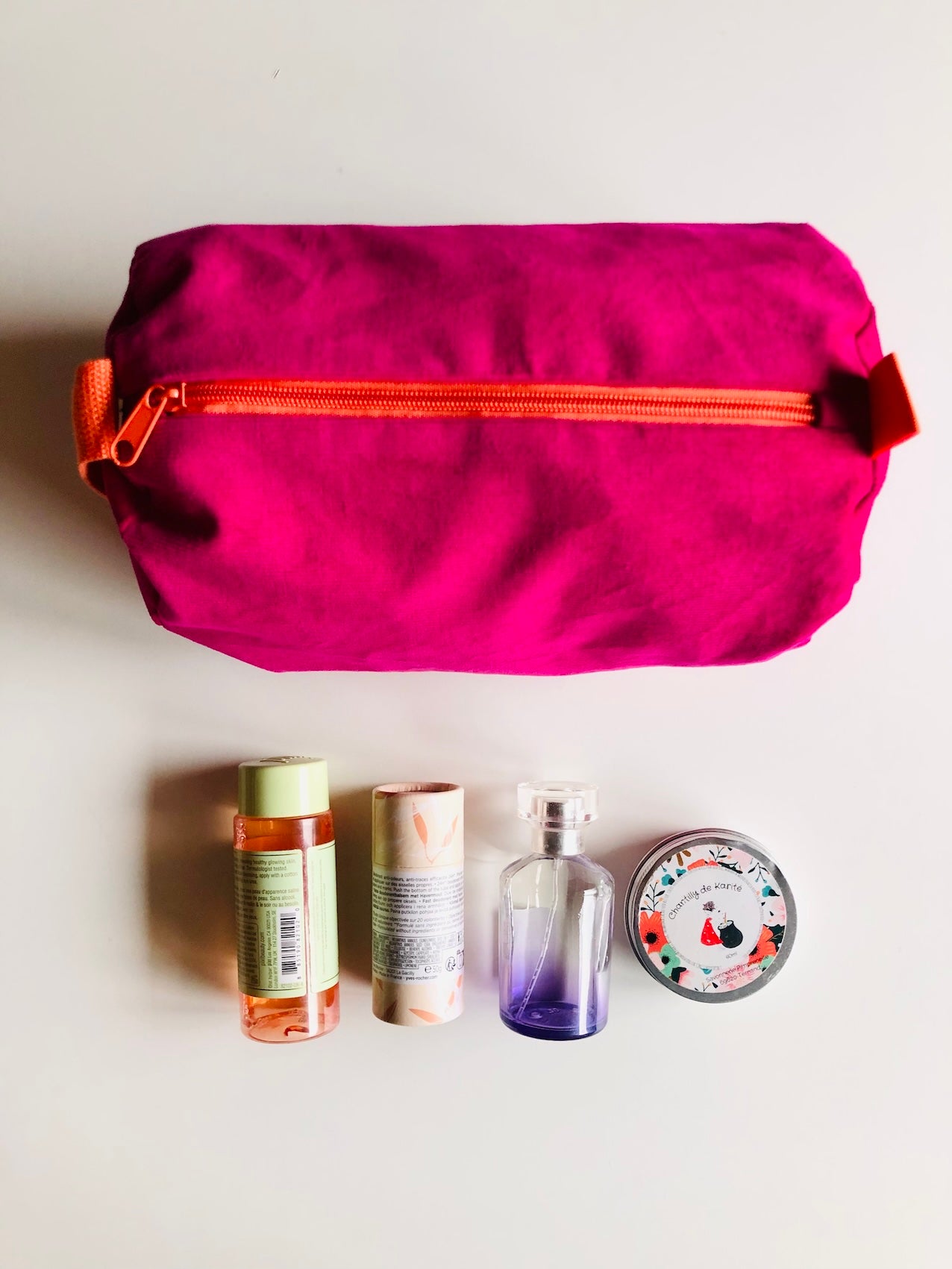 Trousse de toilette en velours rose et orange