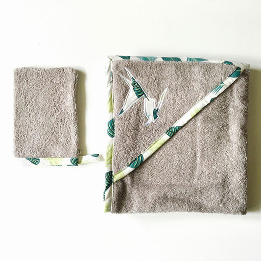 Cape de bain eponge grise feuilles