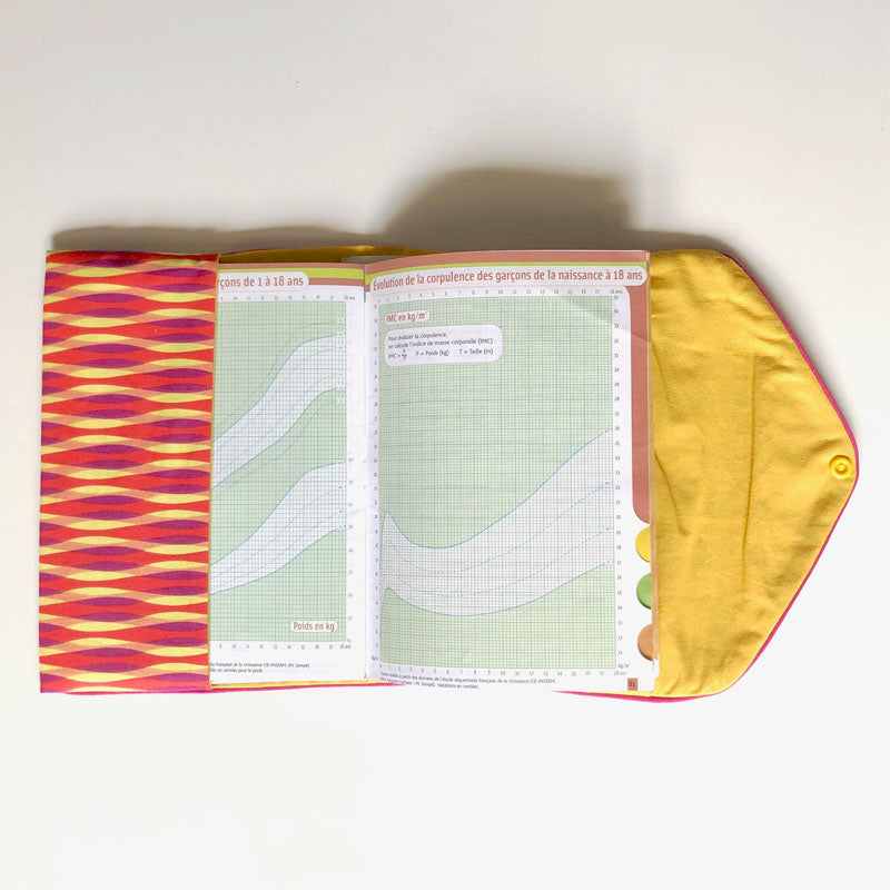 Pochette pour carnet de santé rouge et jaune graphique