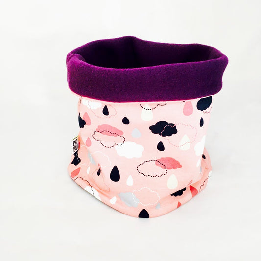Tour de cou enfant réversible violet et rose motifs nuages