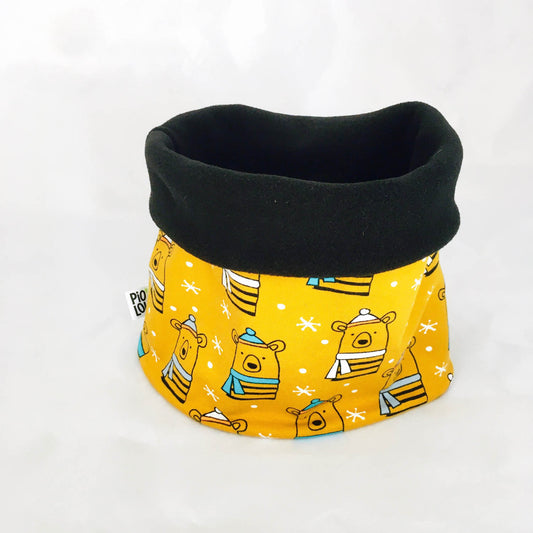 Tour de cou enfant réversible noir et jaune motifs ours