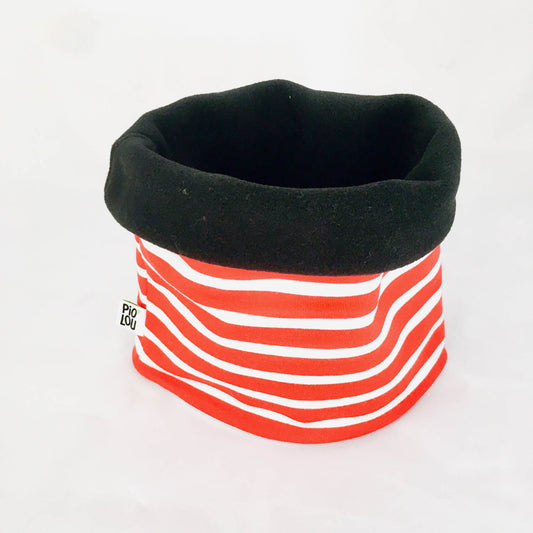 Tour de cou enfant réversible noir et rouge rayé