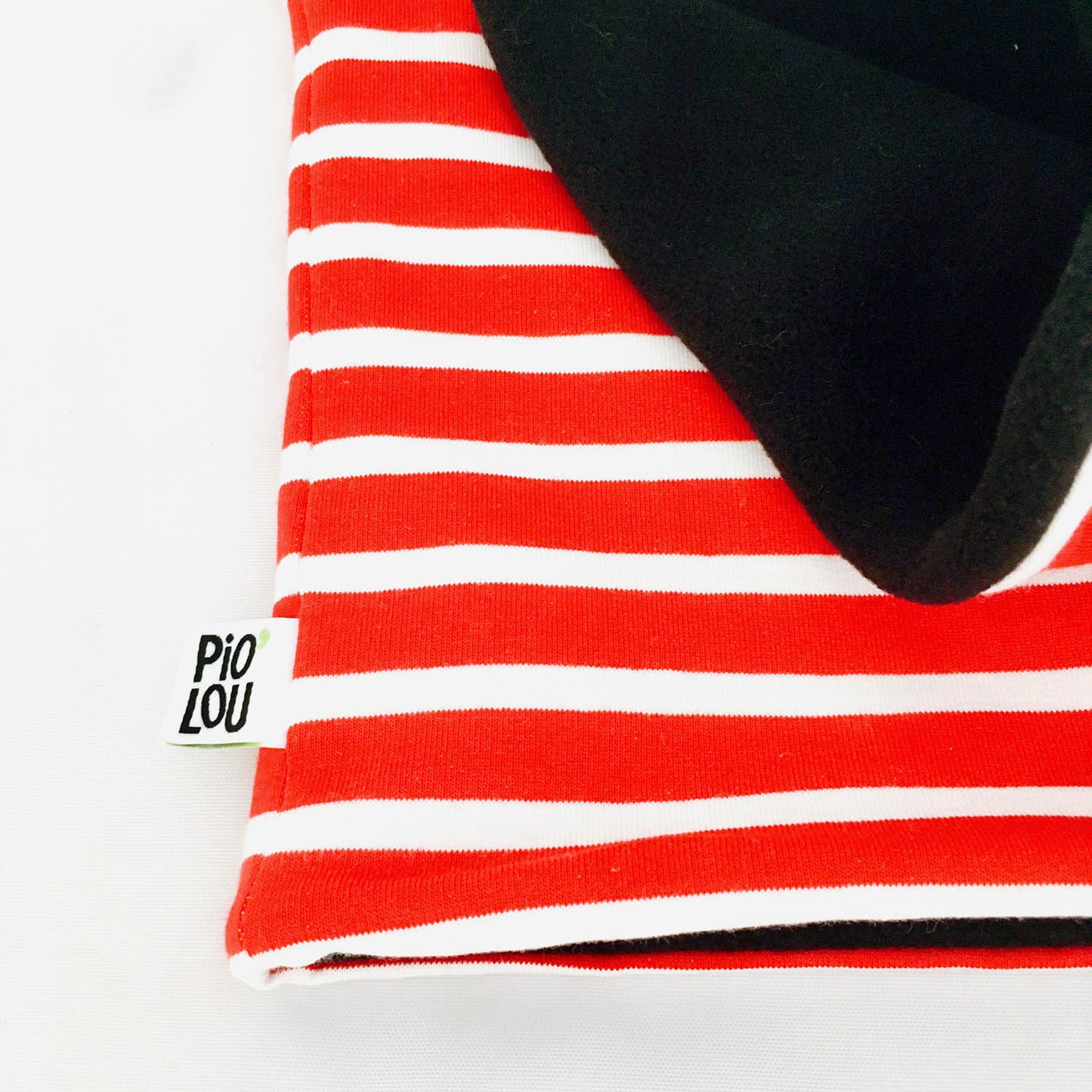 Tour de cou enfant réversible noir et rouge rayé