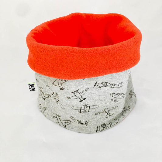 Tour de cou enfant réversible rouge et gris motifs avion
