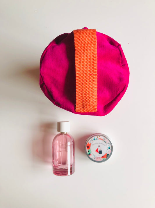 Trousse de toilette en velours rose et orange