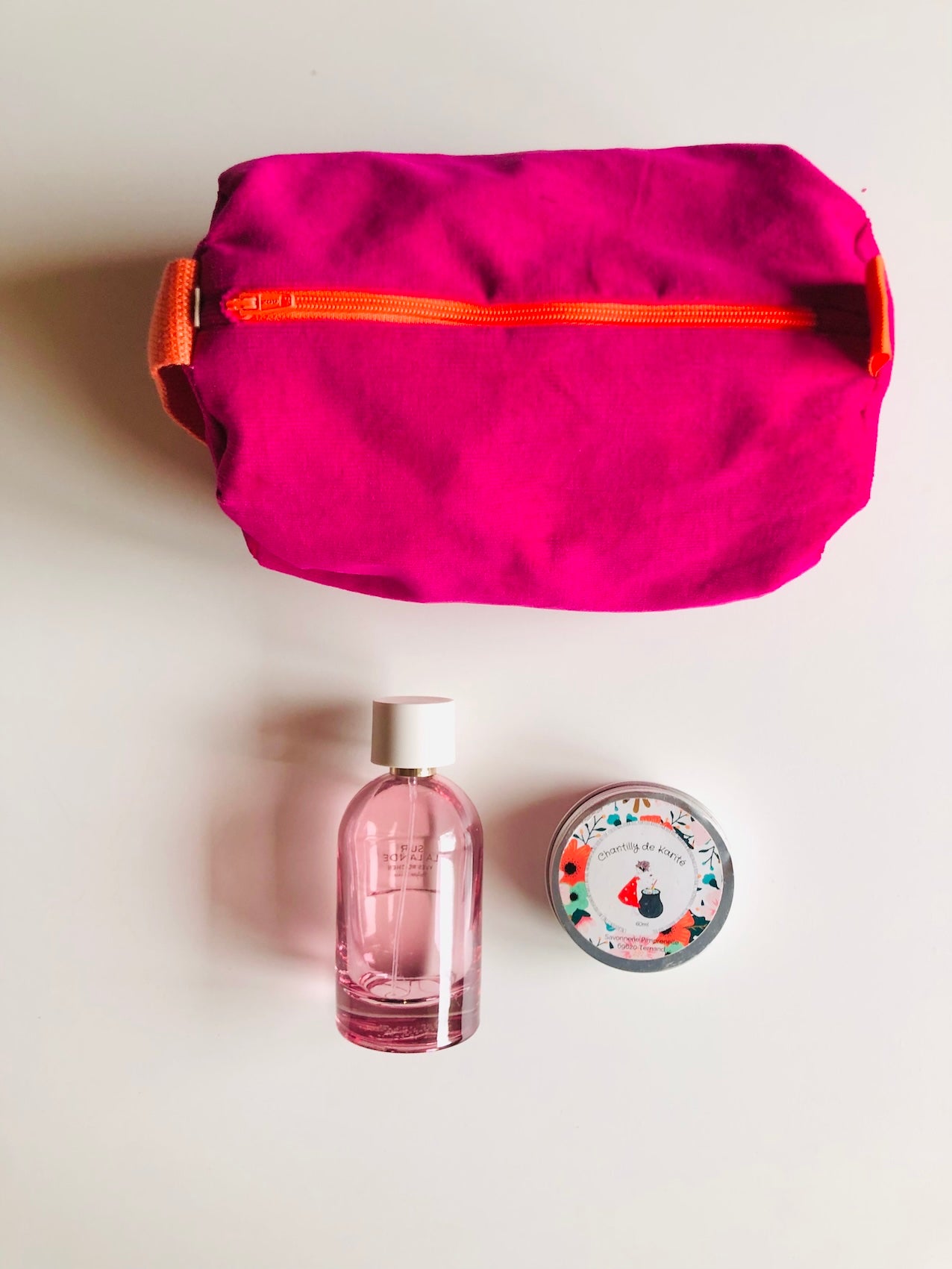 Trousse de toilette en velours rose et orange