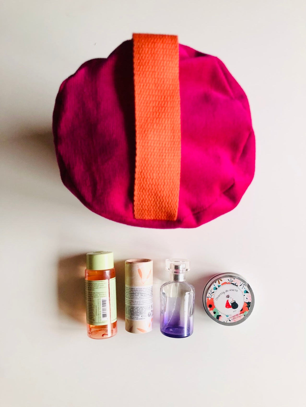 Trousse de toilette en velours rose et orange