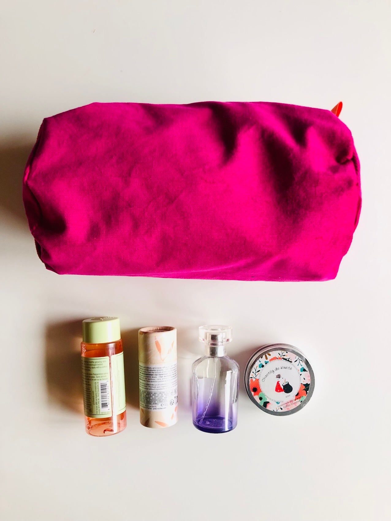 Trousse de toilette en velours rose et orange