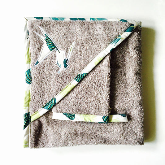Cape de bain eponge grise feuilles