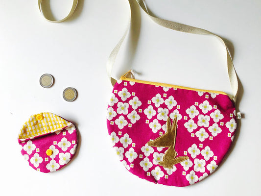 Sac à main enfant et son porte-monnaie rose et jaune doré